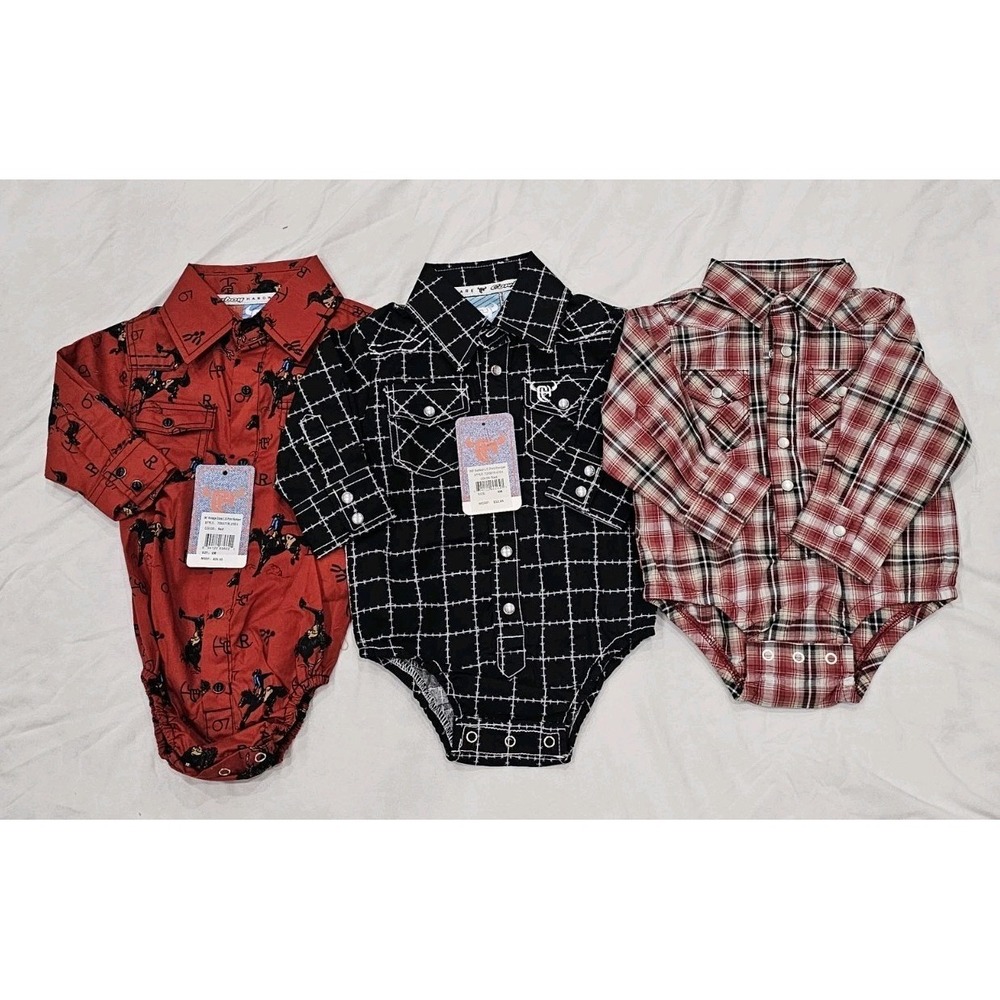 Cowboy Hardware & Wrangler Infant Bodysuit Lot Pearl Snap Two 6 mo & One 0-3 mo
